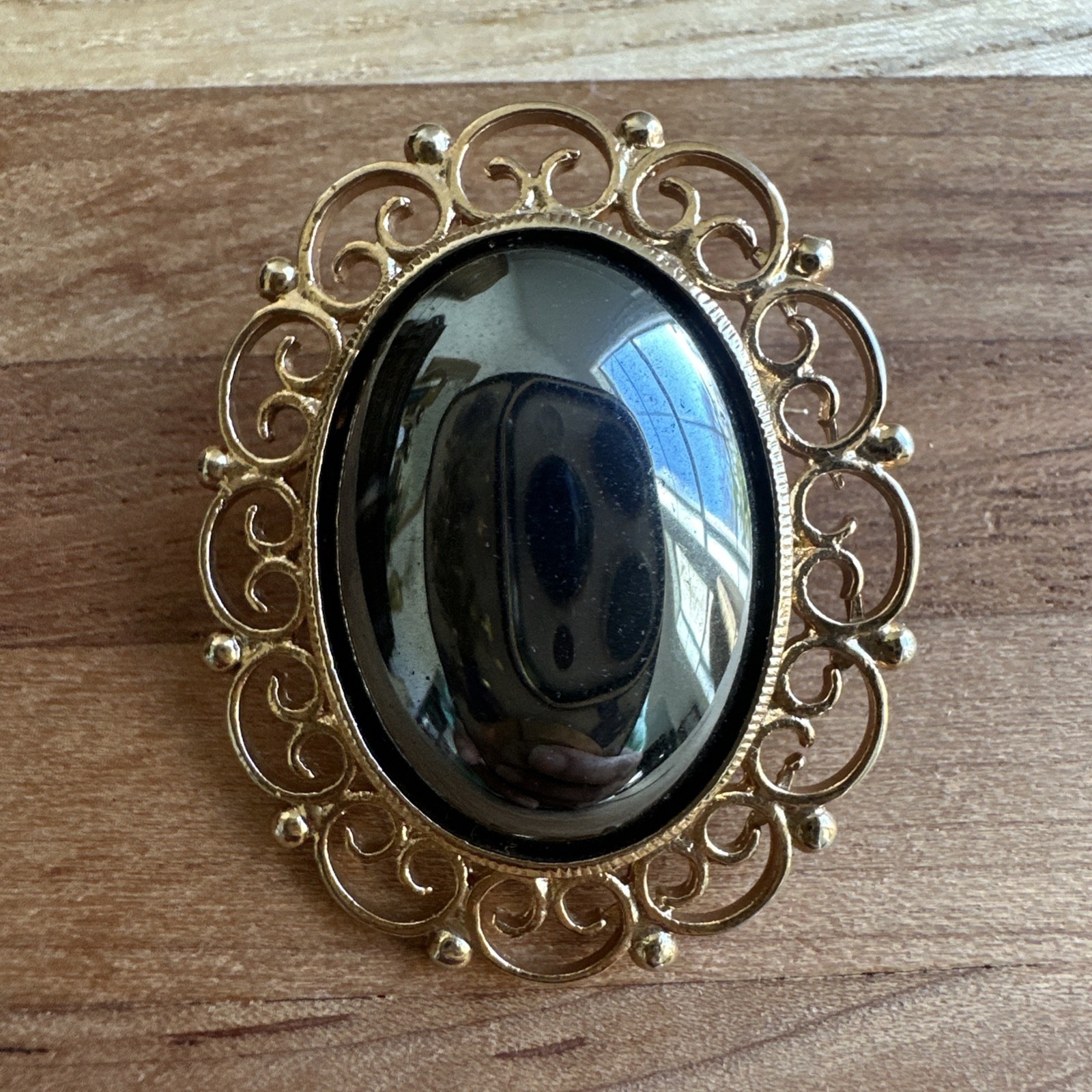 Vintage Brooch Pin 15 Inch Ornate Filigree Oval Hematite Cab Ornate Gold Plated 30$